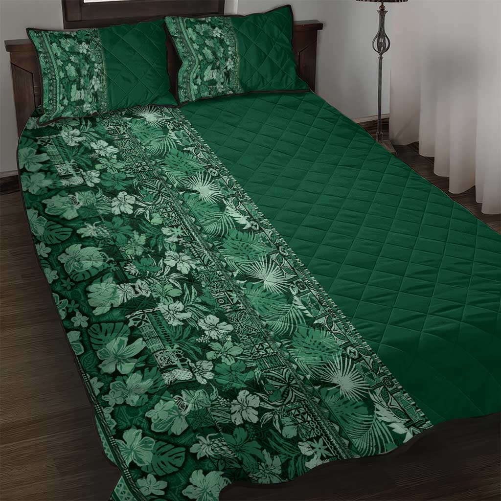 Hawaiian Tribal Elements Hibiscus Quilt Bed Set Green Pattern - Polynesian Pride