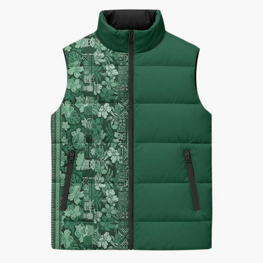 Hawaiian Tribal Elements Hibiscus Sleeveless Puffer Jacket Green Pattern LT9 Unisex Green - Polynesian Pride