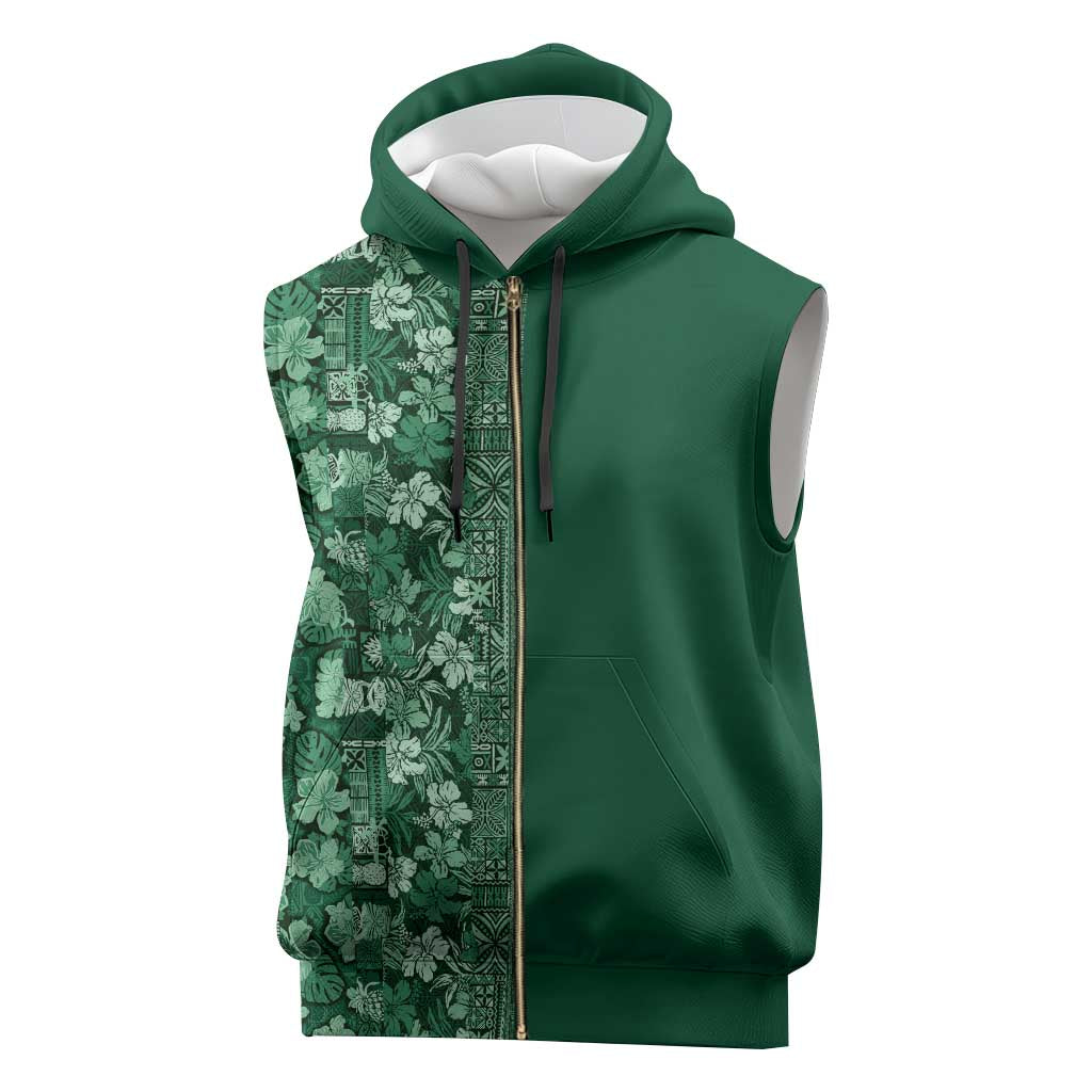 Hawaiian Tribal Elements Hibiscus Sleeveless Zip Hoodie Green Pattern - Polynesian Pride