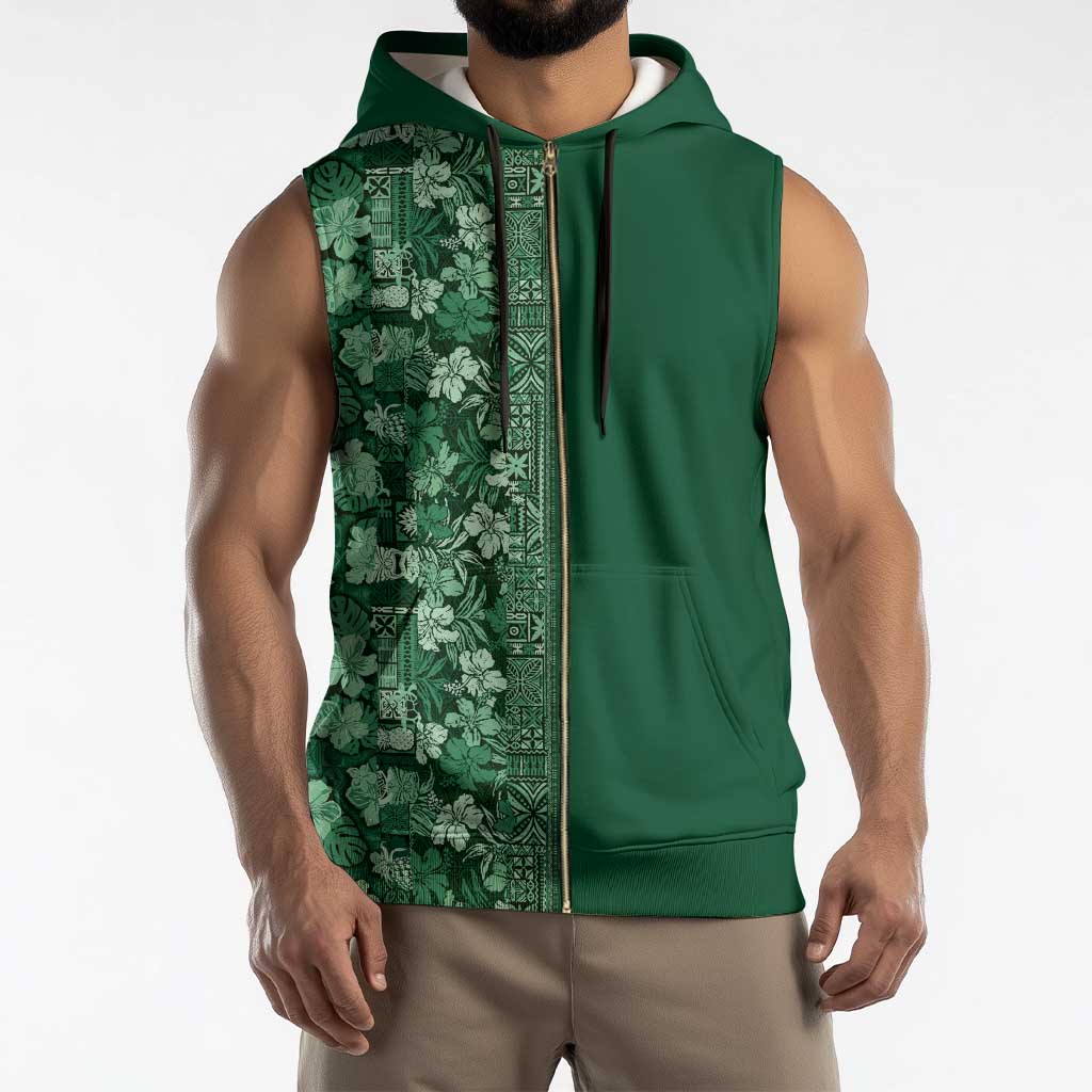 Hawaiian Tribal Elements Hibiscus Sleeveless Zip Hoodie Green Pattern - Polynesian Pride
