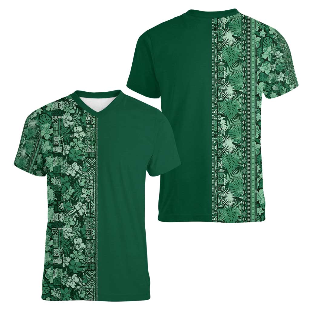 Hawaiian Tribal Elements Hibiscus Women V-Neck T-Shirt Green Pattern - Polynesian Pride