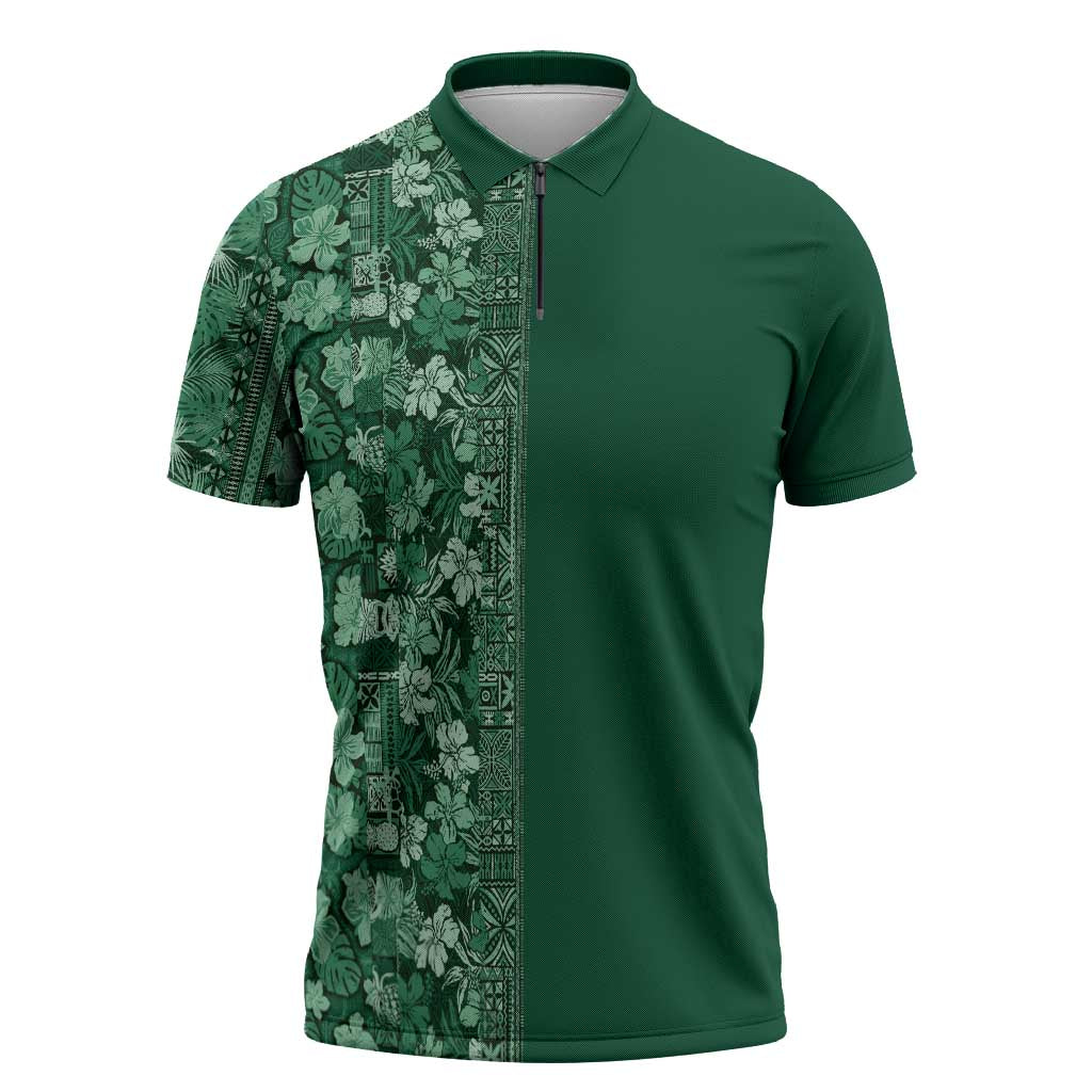 Hawaiian Tribal Elements Hibiscus Zipper Polo Shirt Green Pattern - Polynesian Pride