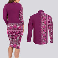 Hawaiian Tribal Elements Hibiscus Couples Matching Long Sleeve Bodycon Dress and Long Sleeve Button Shirt Pink Pattern - Polynesian Pride