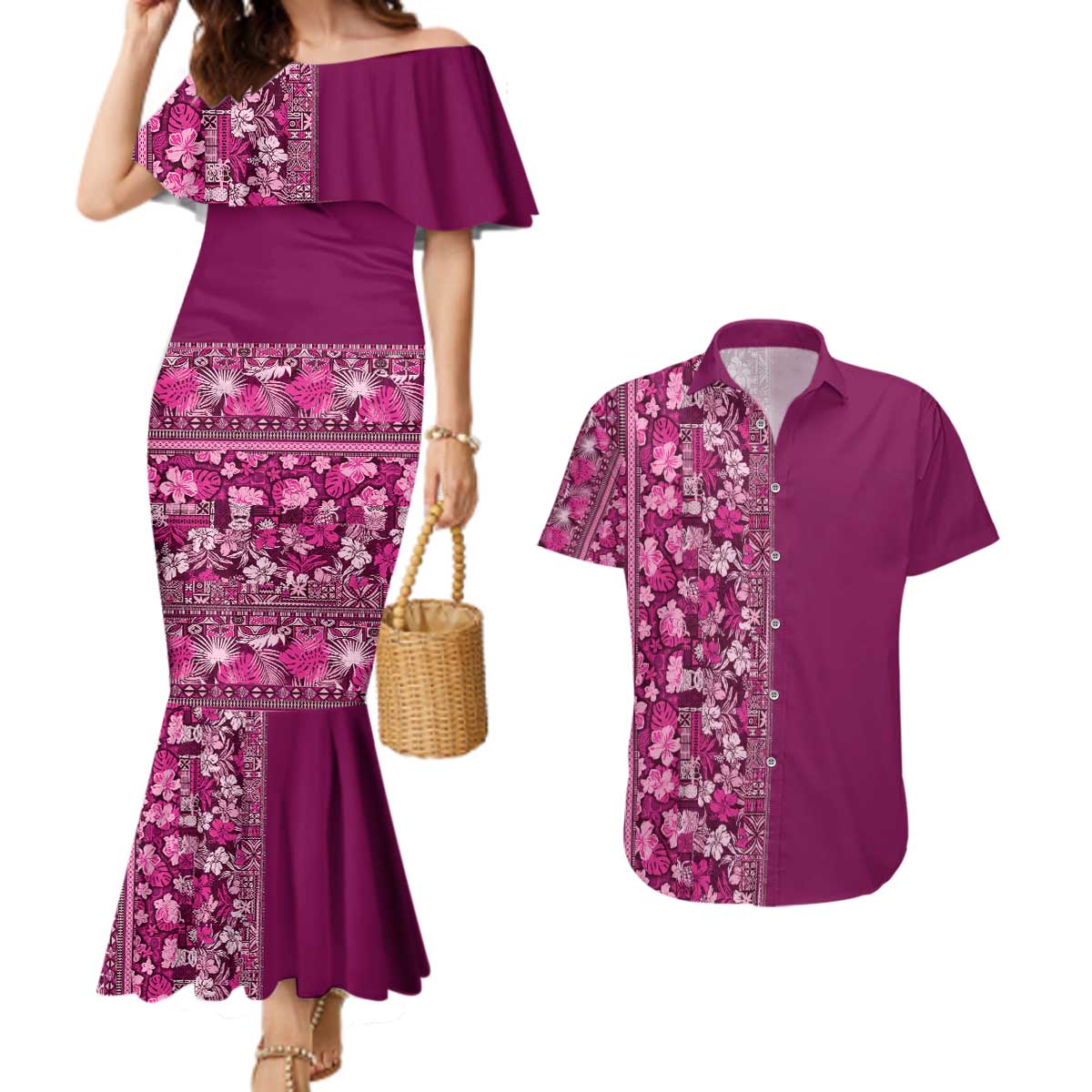 Hawaiian Tribal Elements Hibiscus Couples Matching Mermaid Dress and Hawaiian Shirt Pink Pattern - Polynesian Pride