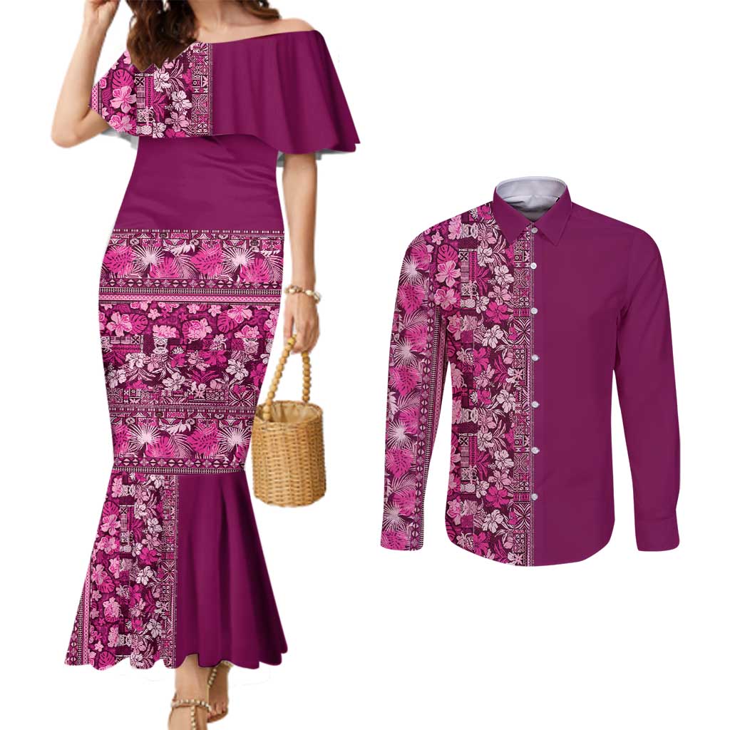 Hawaiian Tribal Elements Hibiscus Couples Matching Mermaid Dress and Long Sleeve Button Shirt Pink Pattern - Polynesian Pride