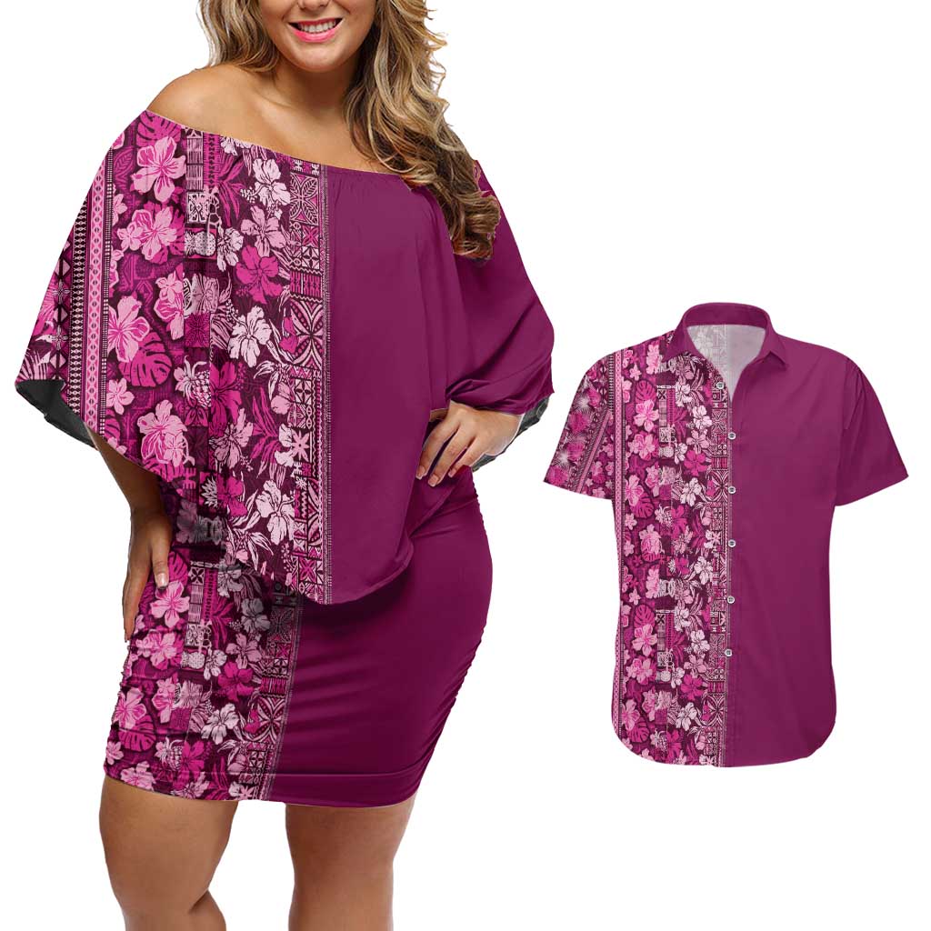 Hawaiian Tribal Elements Hibiscus Couples Matching Off Shoulder Short Dress and Hawaiian Shirt Pink Pattern - Polynesian Pride