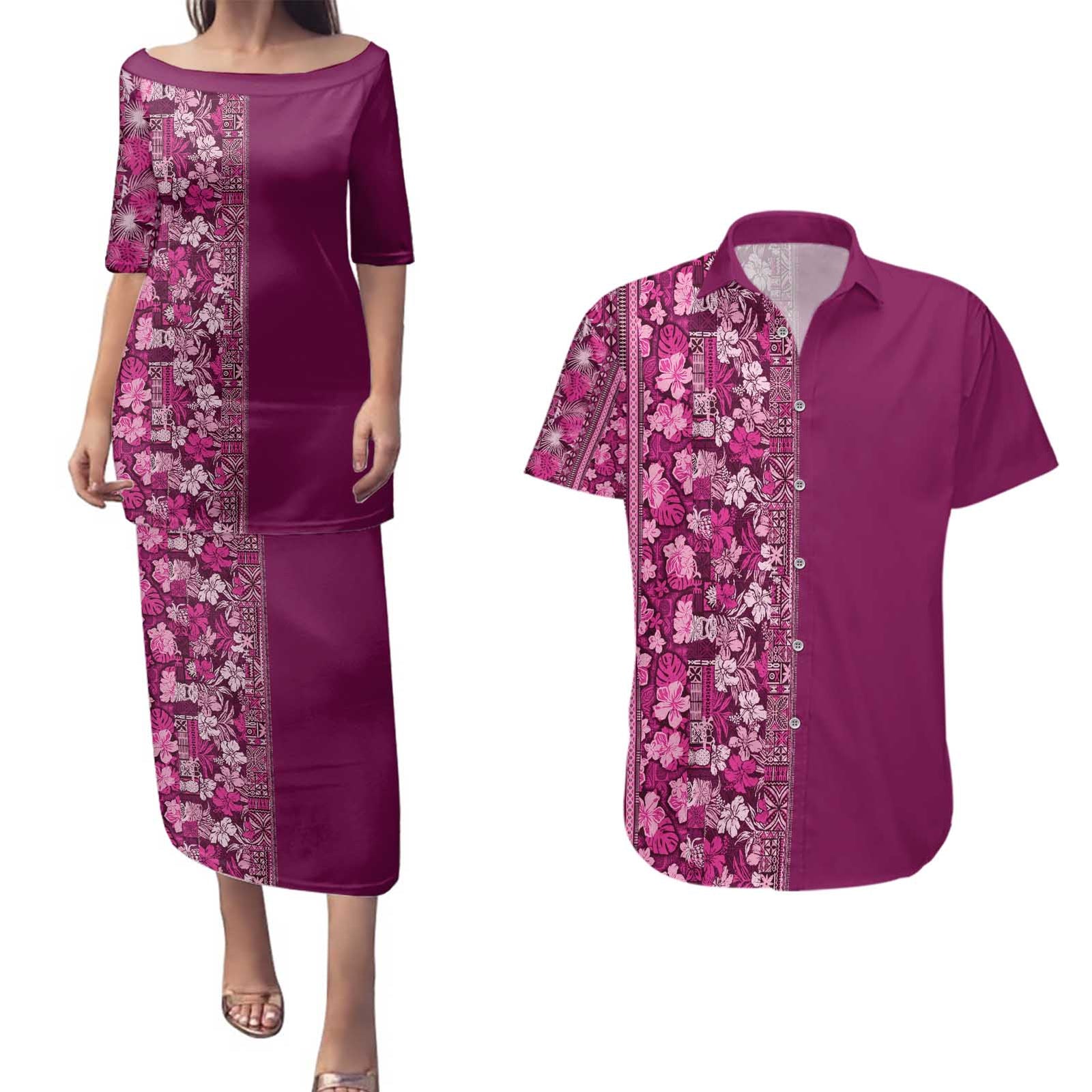 Hawaiian Tribal Elements Hibiscus Couples Matching Puletasi and Hawaiian Shirt Pink Pattern - Polynesian Pride