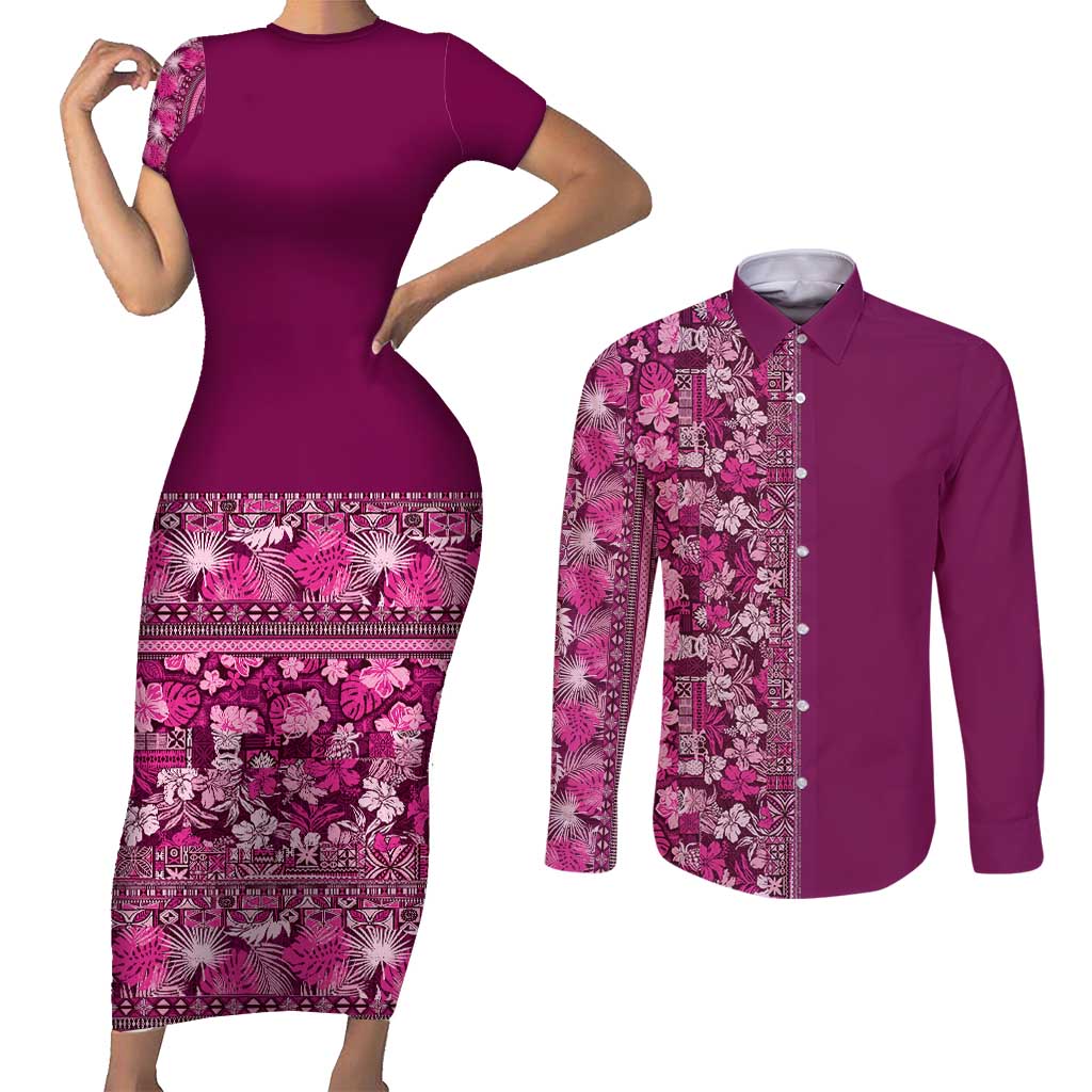Hawaiian Tribal Elements Hibiscus Couples Matching Short Sleeve Bodycon Dress and Long Sleeve Button Shirt Pink Pattern - Polynesian Pride