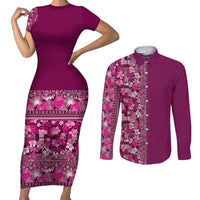 Hawaiian Tribal Elements Hibiscus Couples Matching Short Sleeve Bodycon Dress and Long Sleeve Button Shirt Pink Pattern - Polynesian Pride