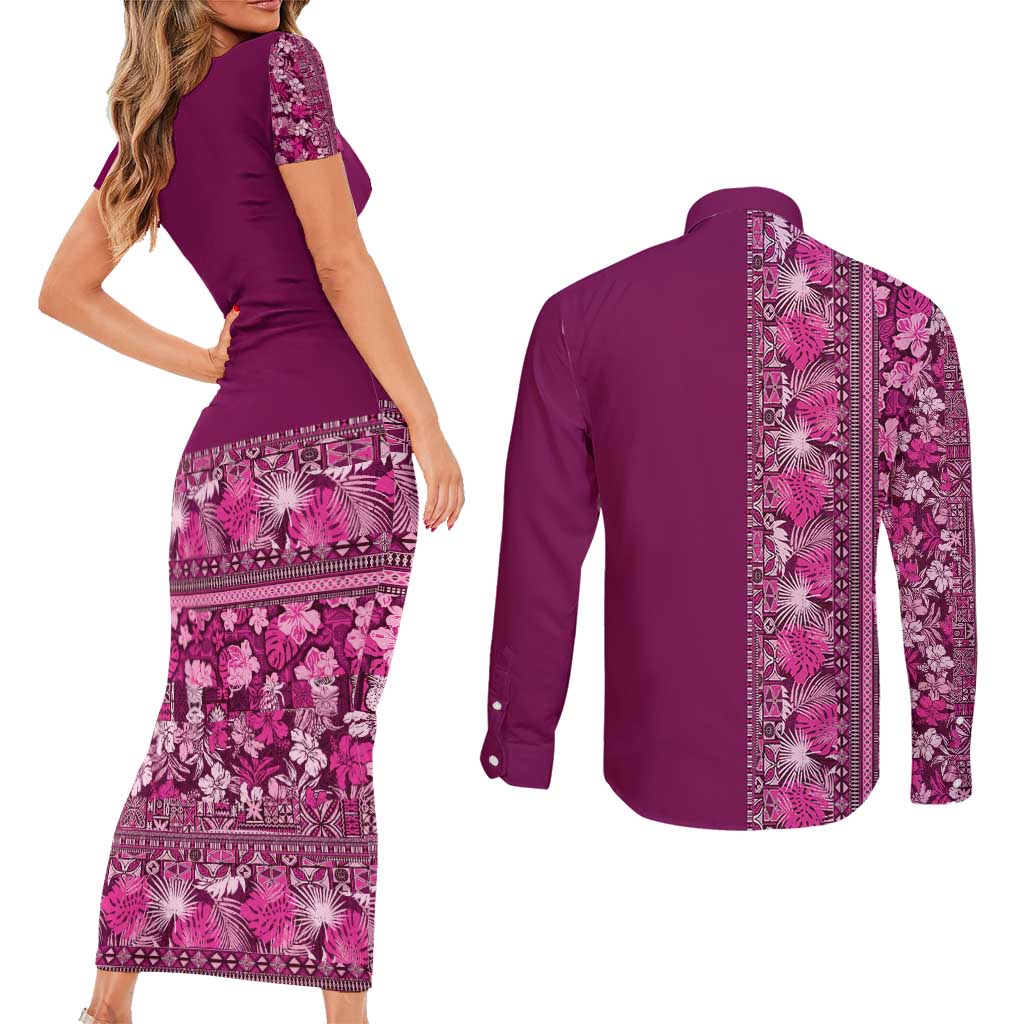 Hawaiian Tribal Elements Hibiscus Couples Matching Short Sleeve Bodycon Dress and Long Sleeve Button Shirt Pink Pattern - Polynesian Pride