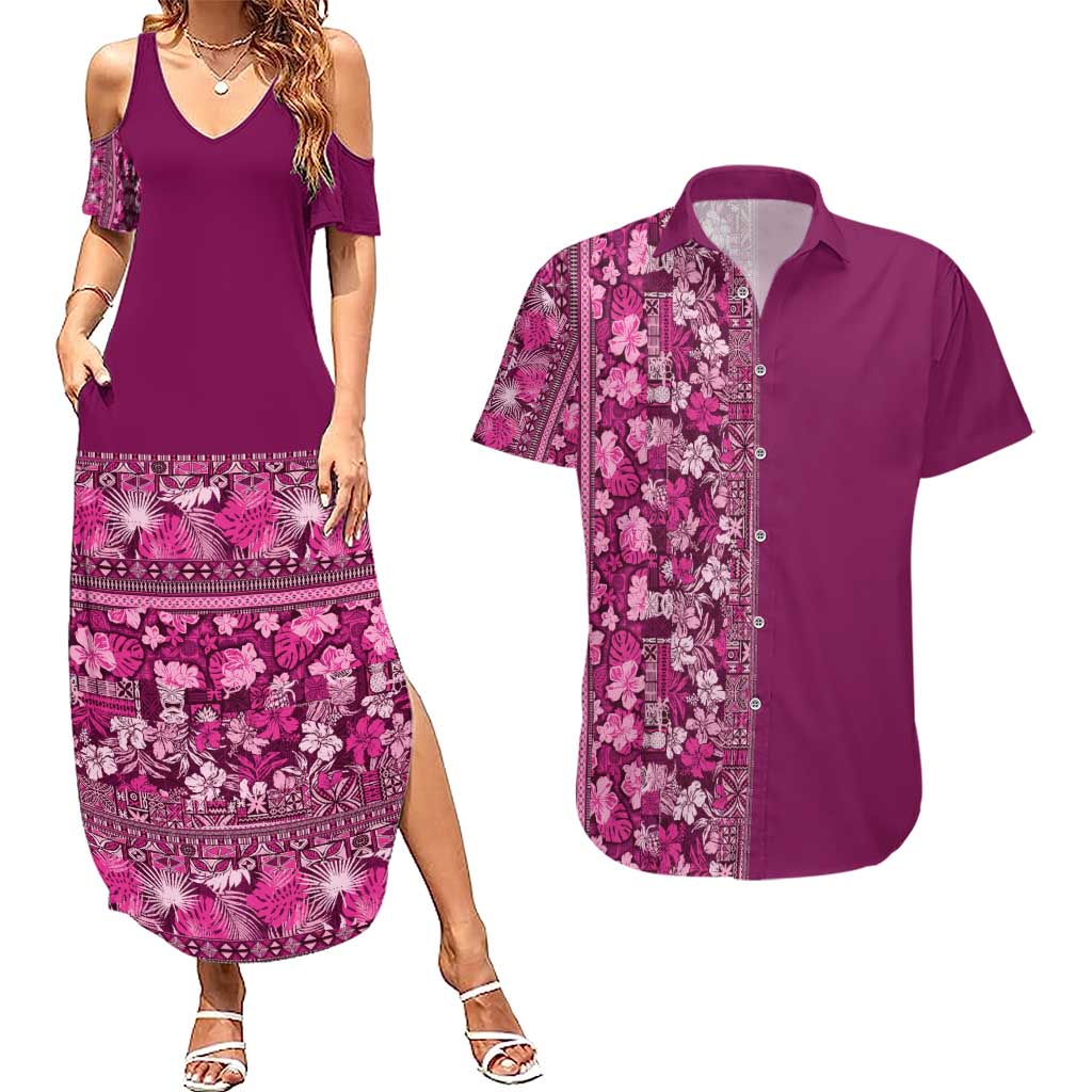 Hawaiian Tribal Elements Hibiscus Couples Matching Summer Maxi Dress and Hawaiian Shirt Pink Pattern - Polynesian Pride
