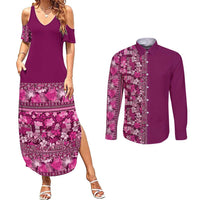 Hawaiian Tribal Elements Hibiscus Couples Matching Summer Maxi Dress and Long Sleeve Button Shirt Pink Pattern - Polynesian Pride