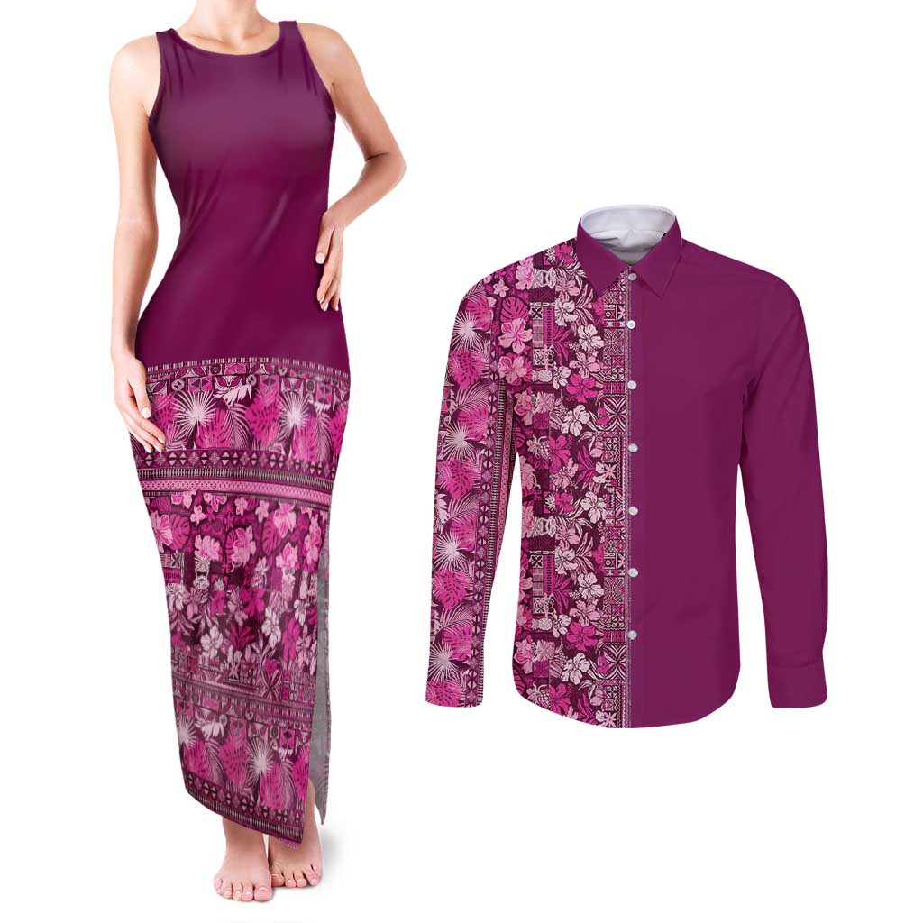 Hawaiian Tribal Elements Hibiscus Couples Matching Tank Maxi Dress and Long Sleeve Button Shirt Pink Pattern - Polynesian Pride