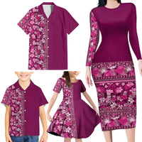 Hawaiian Tribal Elements Hibiscus Family Matching Long Sleeve Bodycon Dress and Hawaiian Shirt Pink Pattern - Polynesian Pride