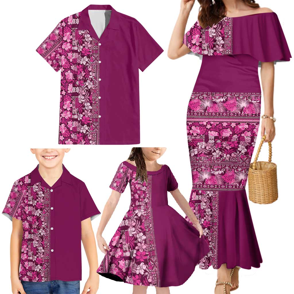 Hawaiian Tribal Elements Hibiscus Family Matching Mermaid Dress and Hawaiian Shirt Pink Pattern - Polynesian Pride
