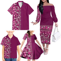 Hawaiian Tribal Elements Hibiscus Family Matching Off The Shoulder Long Sleeve Dress and Hawaiian Shirt Pink Pattern - Polynesian Pride