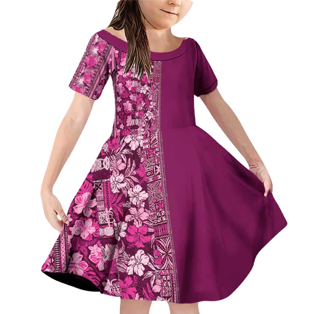 Hawaiian Tribal Elements Hibiscus Family Matching Off Shoulder Short Dress and Hawaiian Shirt Pink Pattern LT9 Daughter's Dress Pink - Polynesian Pride
