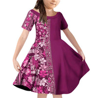 Hawaiian Tribal Elements Hibiscus Family Matching Off Shoulder Short Dress and Hawaiian Shirt Pink Pattern LT9 Daughter's Dress Pink - Polynesian Pride