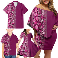 Hawaiian Tribal Elements Hibiscus Family Matching Off Shoulder Short Dress and Hawaiian Shirt Pink Pattern LT9 - Polynesian Pride