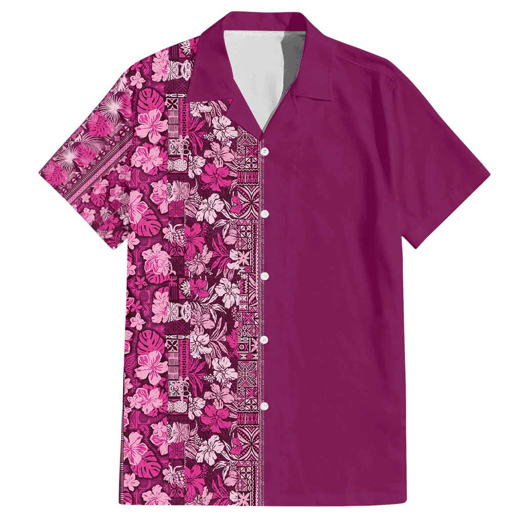 Hawaiian Tribal Elements Hibiscus Family Matching Off Shoulder Short Dress and Hawaiian Shirt Pink Pattern LT9 Dad's Shirt - Short Sleeve Pink - Polynesian Pride