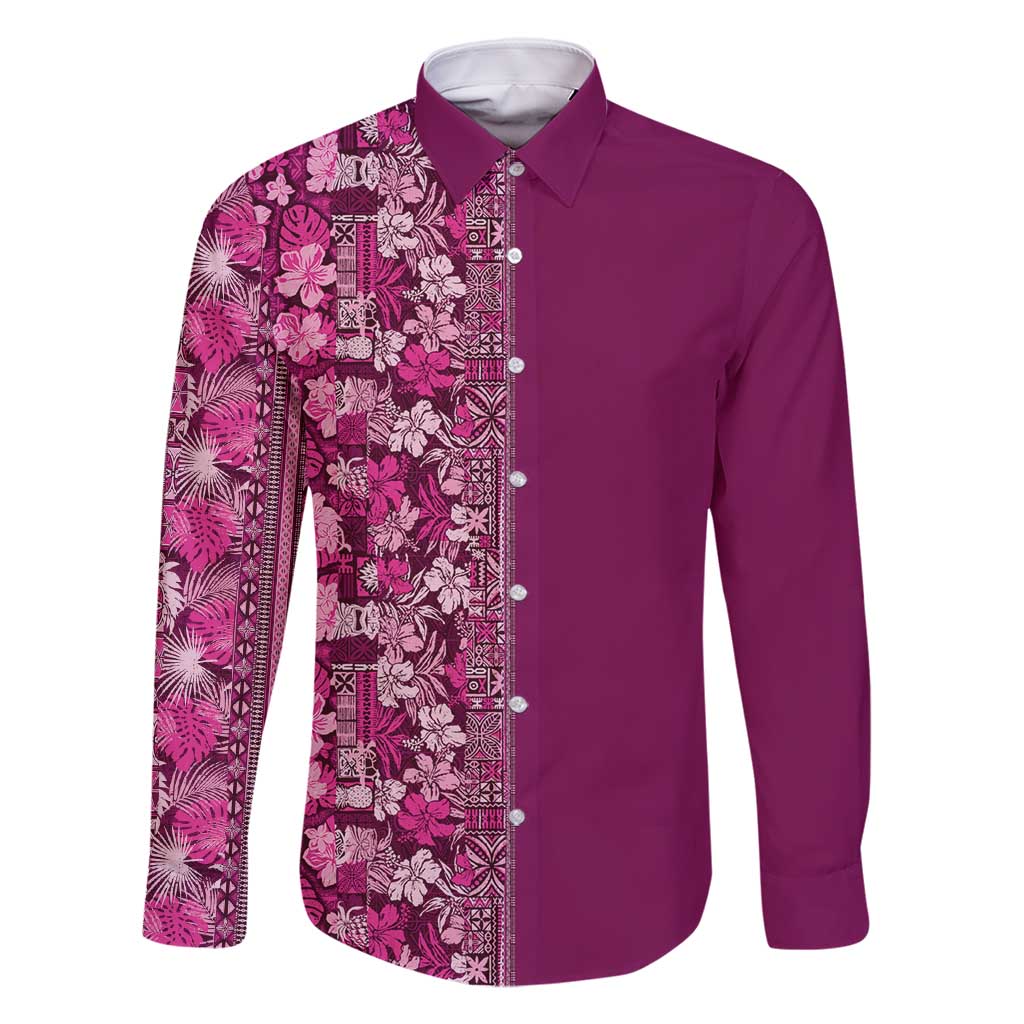 Hawaiian Tribal Elements Hibiscus Family Matching Off Shoulder Short Dress and Hawaiian Shirt Pink Pattern LT9 Dad's Shirt - Long Sleeve Pink - Polynesian Pride