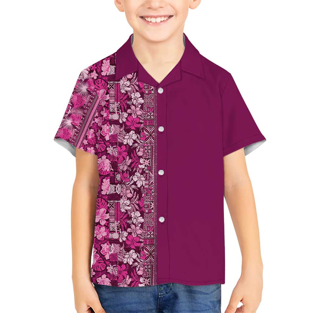 Hawaiian Tribal Elements Hibiscus Family Matching Off Shoulder Short Dress and Hawaiian Shirt Pink Pattern LT9 Son's Shirt Pink - Polynesian Pride
