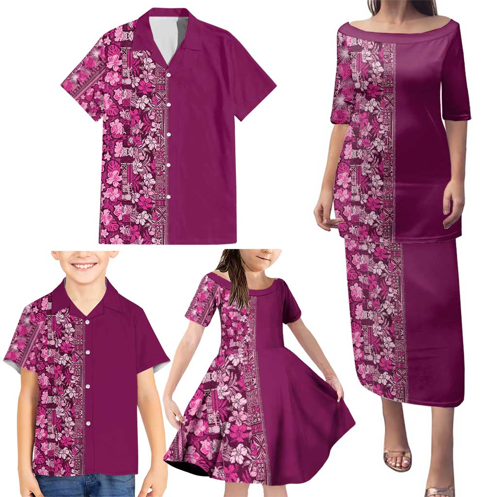 Hawaiian Tribal Elements Hibiscus Family Matching Puletasi and Hawaiian Shirt Pink Pattern - Polynesian Pride