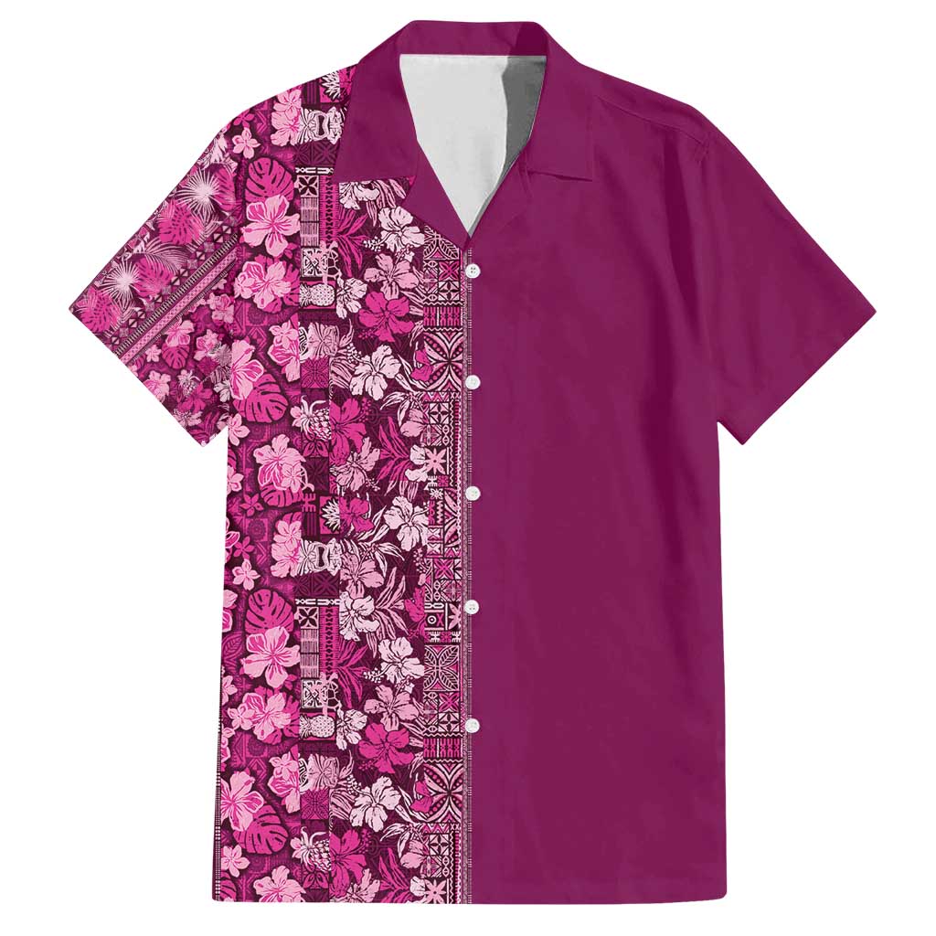 Hawaiian Tribal Elements Hibiscus Family Matching Puletasi and Hawaiian Shirt Pink Pattern - Polynesian Pride