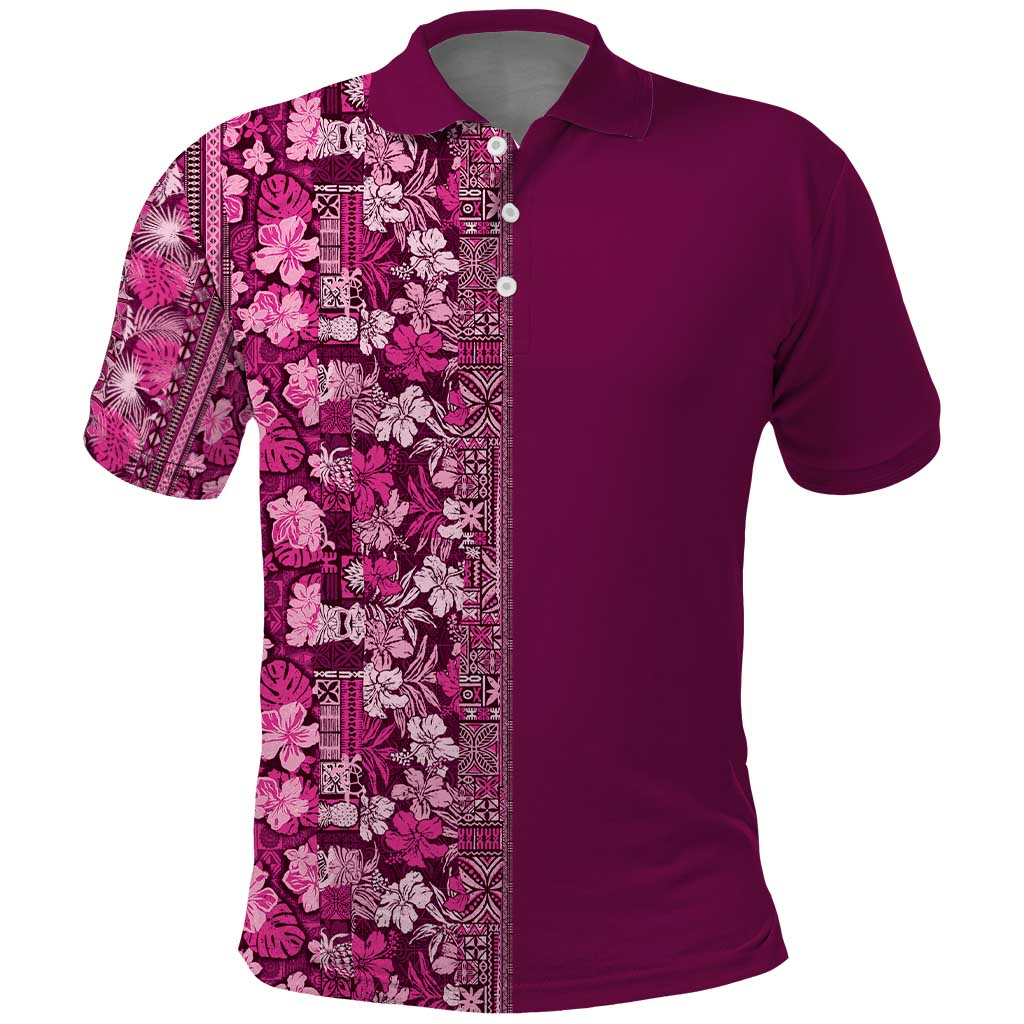 Hawaiian Tribal Elements Hibiscus Polo Shirt Pink Pattern - Polynesian Pride