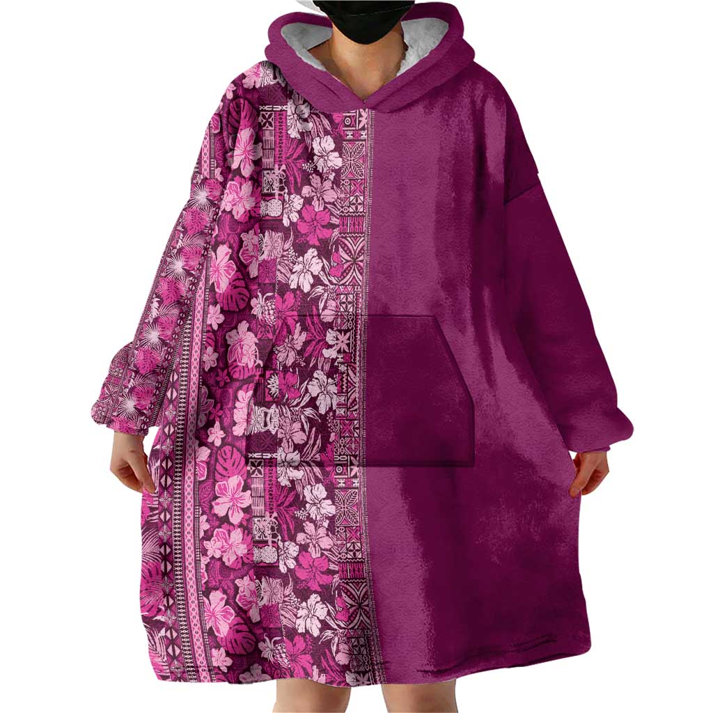 Hawaiian Tribal Elements Hibiscus Wearable Blanket Hoodie Pink Pattern - Polynesian Pride