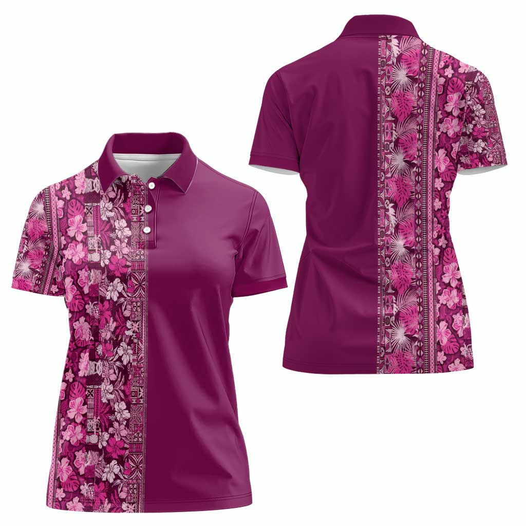 Hawaiian Tribal Elements Hibiscus Women Polo Shirt Pink Pattern - Polynesian Pride