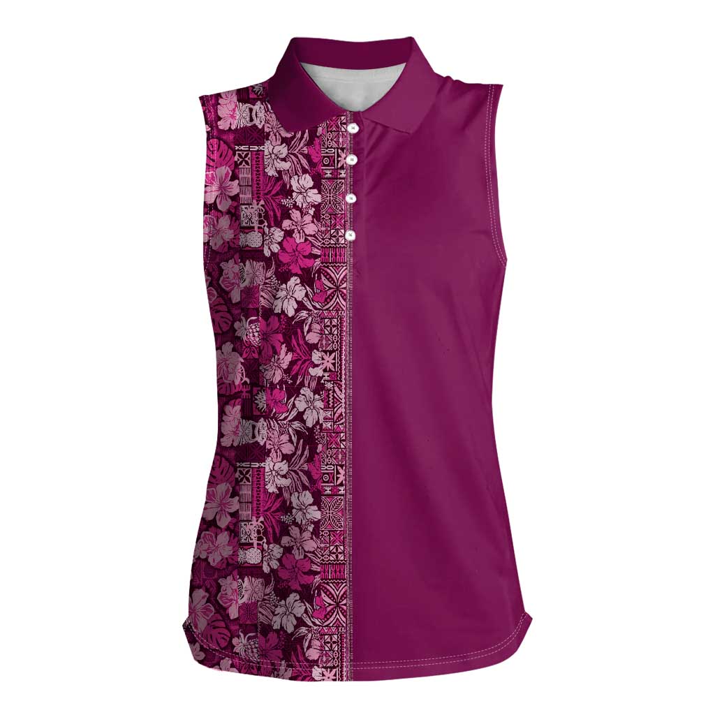 Hawaiian Tribal Elements Hibiscus Women Sleeveless Polo Shirt Pink Pattern - Polynesian Pride