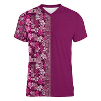 Hawaiian Tribal Elements Hibiscus Women V-Neck T-Shirt Pink Pattern - Polynesian Pride