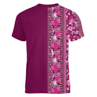 Hawaiian Tribal Elements Hibiscus Women V-Neck T-Shirt Pink Pattern - Polynesian Pride