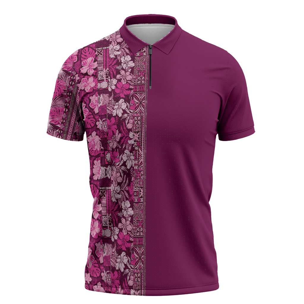 Hawaiian Tribal Elements Hibiscus Zipper Polo Shirt Pink Pattern - Polynesian Pride
