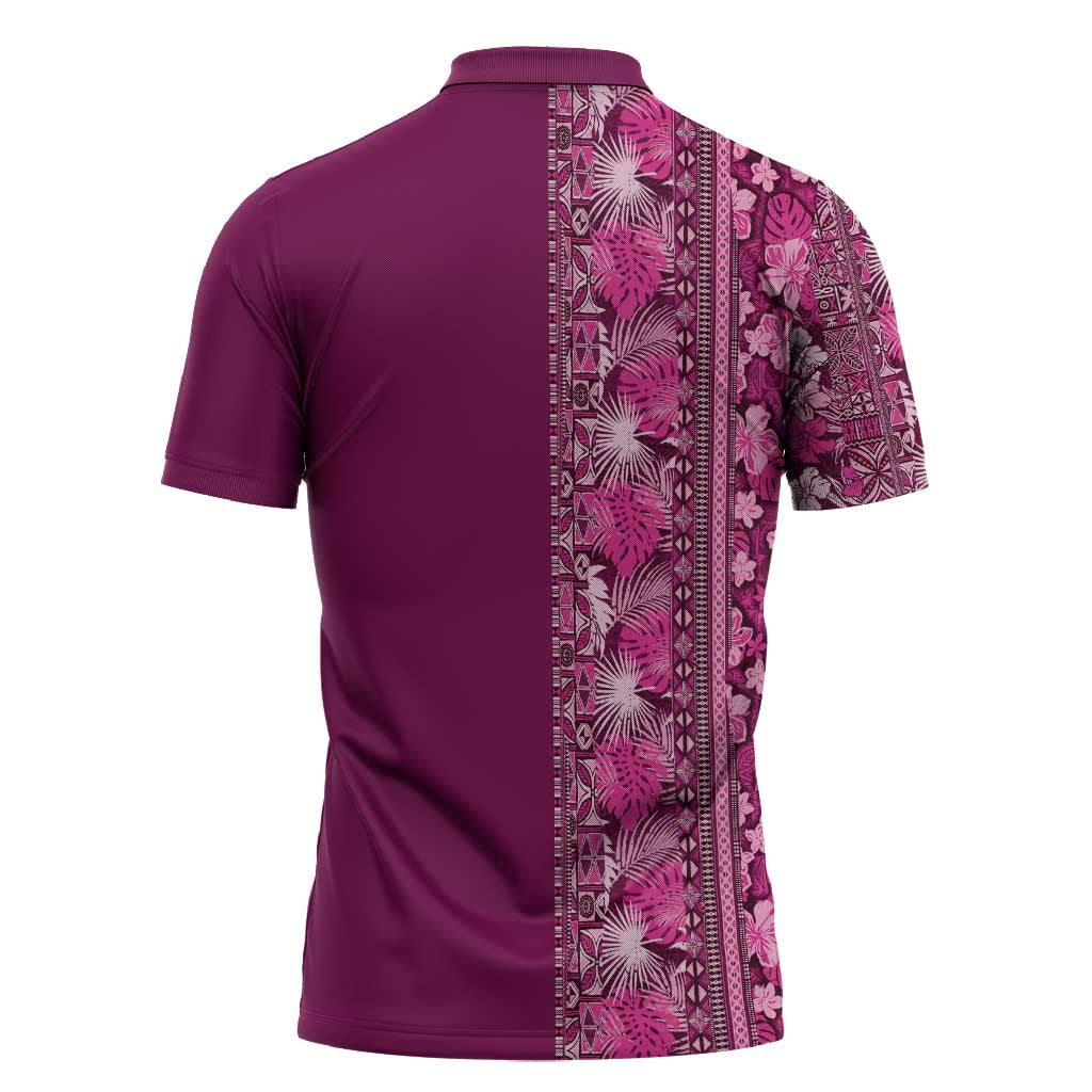 Hawaiian Tribal Elements Hibiscus Zipper Polo Shirt Pink Pattern - Polynesian Pride