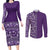 Hawaiian Tribal Elements Hibiscus Couples Matching Long Sleeve Bodycon Dress and Long Sleeve Button Shirt Purple Pattern - Polynesian Pride