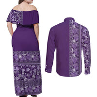 Hawaiian Tribal Elements Hibiscus Couples Matching Off Shoulder Maxi Dress and Long Sleeve Button Shirt Purple Pattern - Polynesian Pride