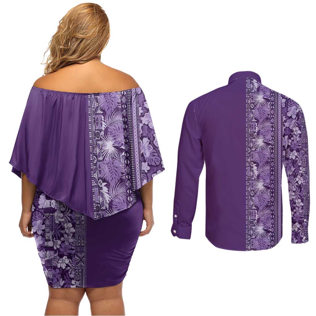 Hawaiian Tribal Elements Hibiscus Couples Matching Off Shoulder Short Dress and Long Sleeve Button Shirt Purple Pattern - Polynesian Pride