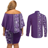Hawaiian Tribal Elements Hibiscus Couples Matching Off Shoulder Short Dress and Long Sleeve Button Shirt Purple Pattern - Polynesian Pride