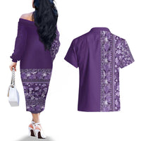 Hawaiian Tribal Elements Hibiscus Couples Matching Off The Shoulder Long Sleeve Dress and Hawaiian Shirt Purple Pattern - Polynesian Pride