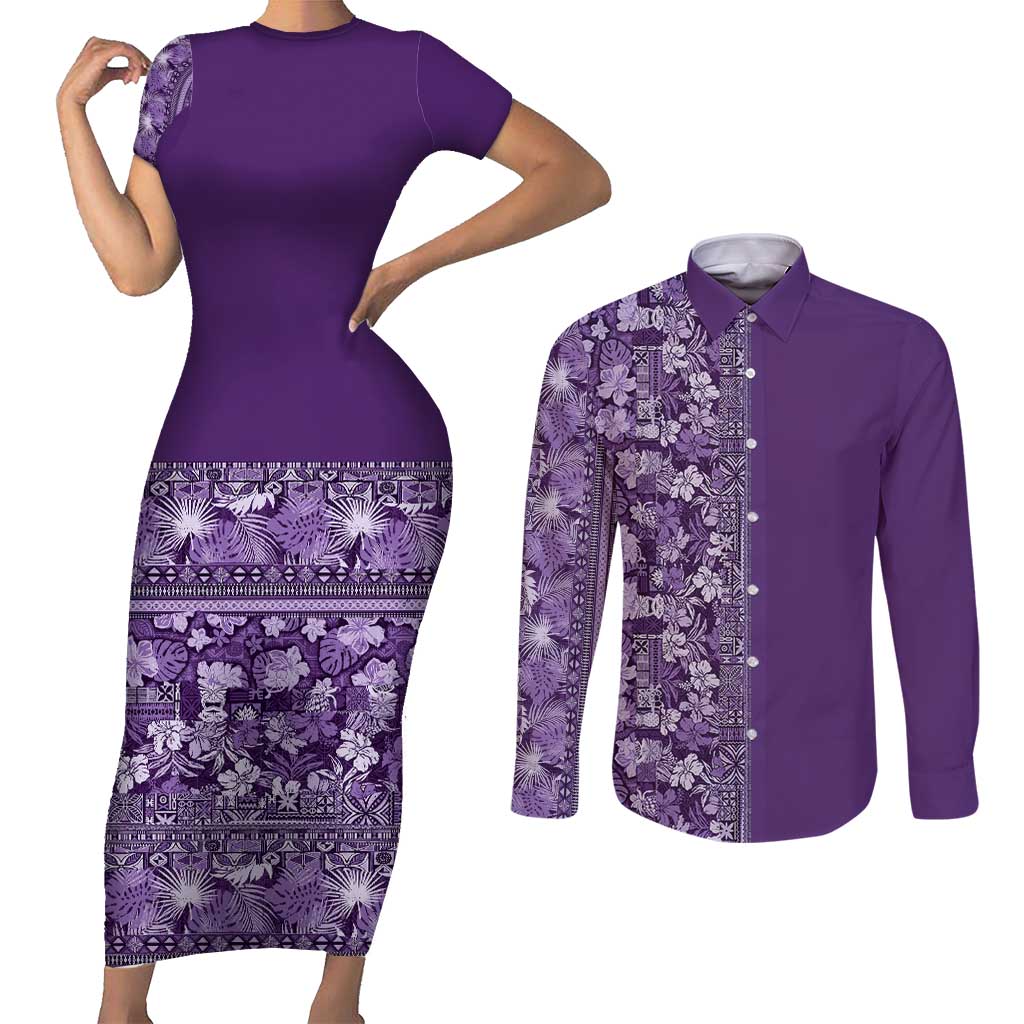 Hawaiian Tribal Elements Hibiscus Couples Matching Short Sleeve Bodycon Dress and Long Sleeve Button Shirt Purple Pattern - Polynesian Pride