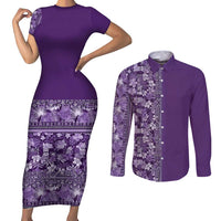 Hawaiian Tribal Elements Hibiscus Couples Matching Short Sleeve Bodycon Dress and Long Sleeve Button Shirt Purple Pattern - Polynesian Pride