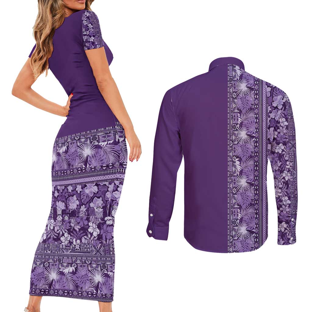 Hawaiian Tribal Elements Hibiscus Couples Matching Short Sleeve Bodycon Dress and Long Sleeve Button Shirt Purple Pattern - Polynesian Pride
