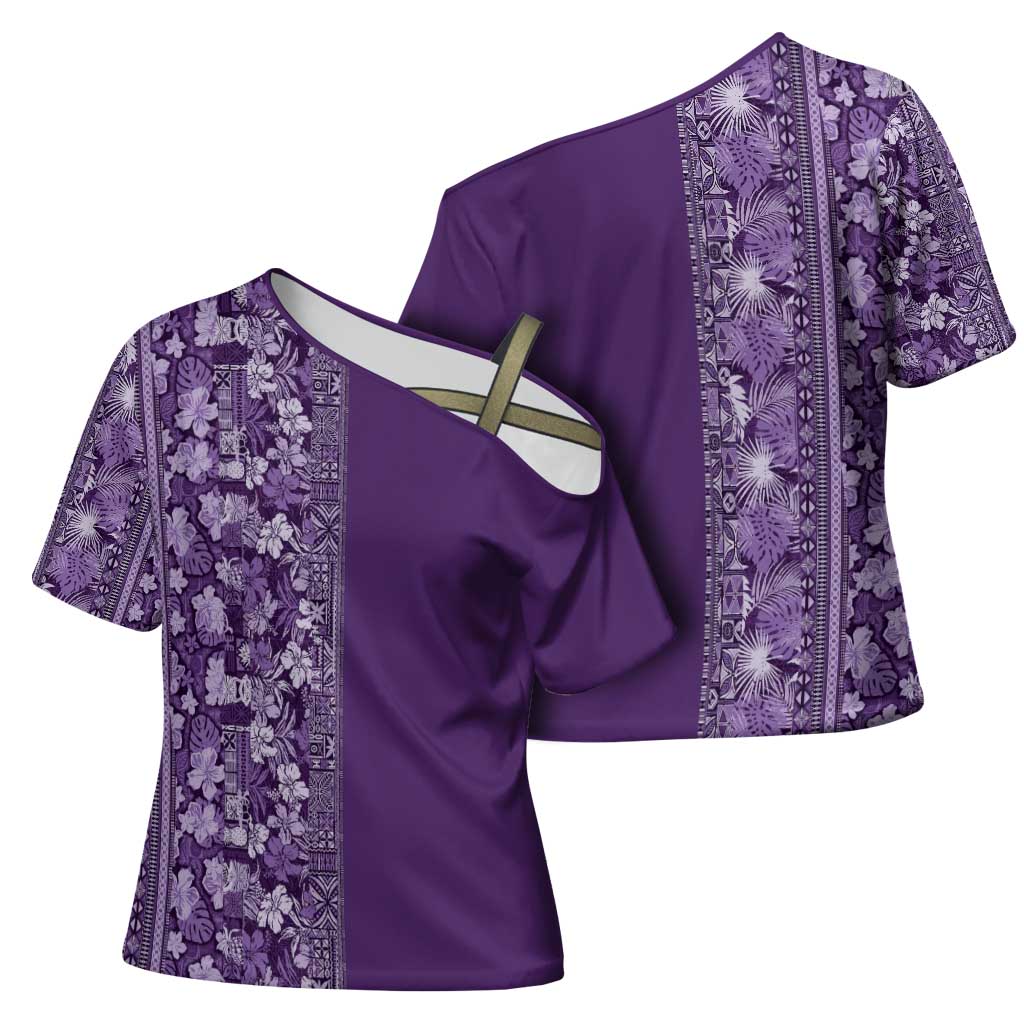 Hawaiian Tribal Elements Hibiscus Cross Shoulder Shirt Purple Pattern LT9 - Polynesian Pride