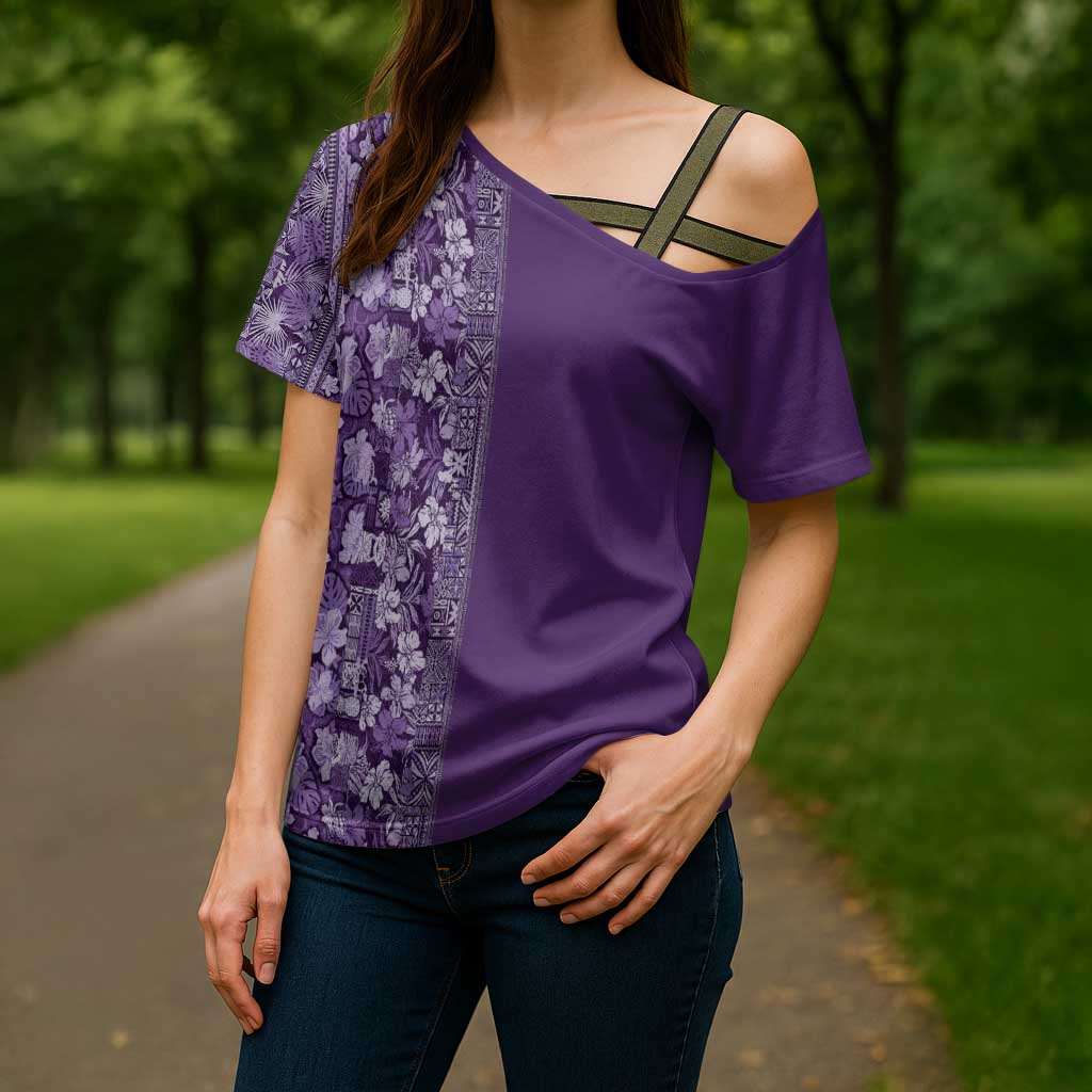 Hawaiian Tribal Elements Hibiscus Cross Shoulder Shirt Purple Pattern LT9 - Polynesian Pride