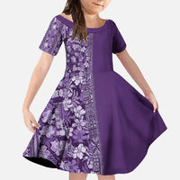 Hawaiian Tribal Elements Hibiscus Family Matching Long Sleeve Bodycon Dress and Hawaiian Shirt Purple Pattern - Polynesian Pride