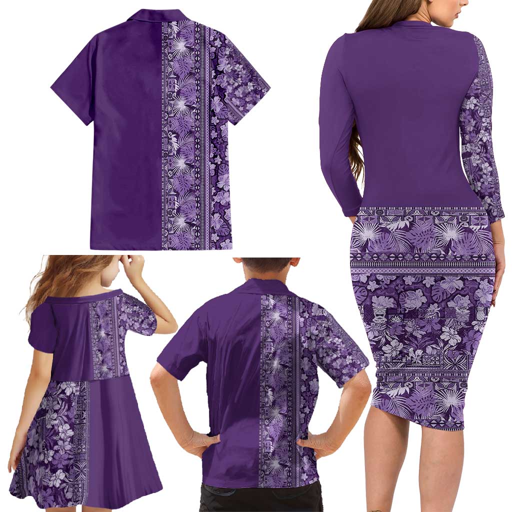 Hawaiian Tribal Elements Hibiscus Family Matching Long Sleeve Bodycon Dress and Hawaiian Shirt Purple Pattern - Polynesian Pride