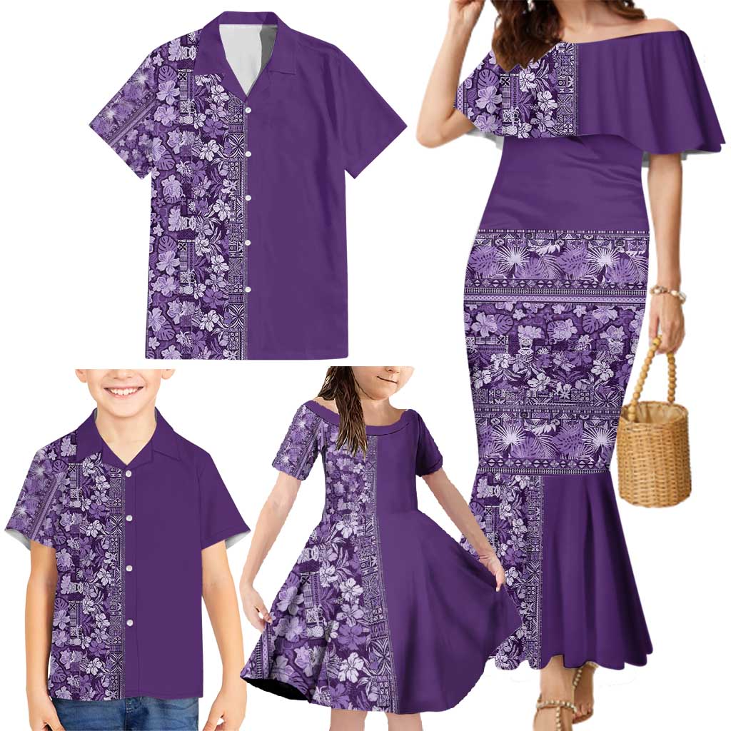 Hawaiian Tribal Elements Hibiscus Family Matching Mermaid Dress and Hawaiian Shirt Purple Pattern - Polynesian Pride
