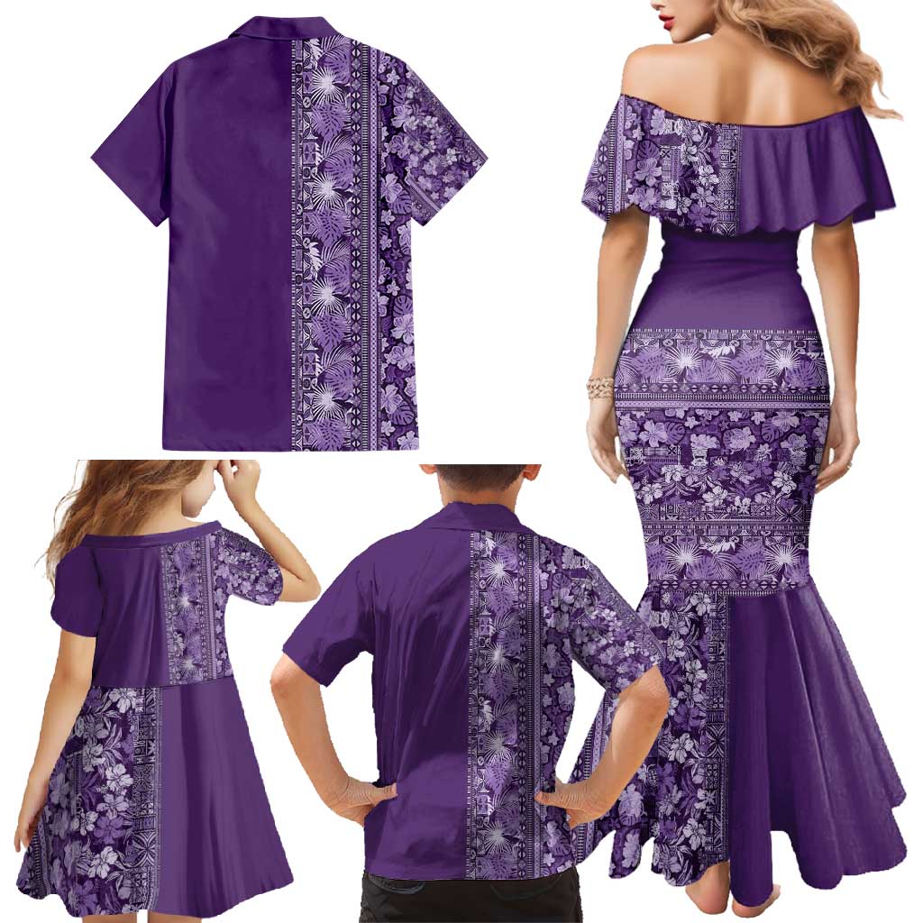 Hawaiian Tribal Elements Hibiscus Family Matching Mermaid Dress and Hawaiian Shirt Purple Pattern - Polynesian Pride
